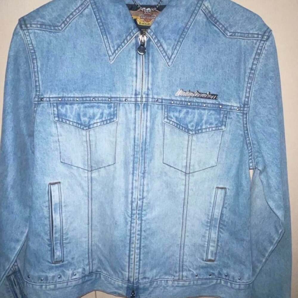 Harley Davidson Denim Jacket Size Medium Blue Black Leather Phoenix